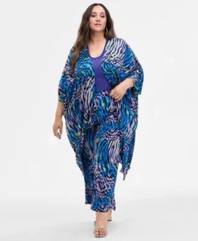Nina Parker Trendy Plus Size Printed Kimono Sheer Sweater Knit Tank Printed Wide Leg Pants In White