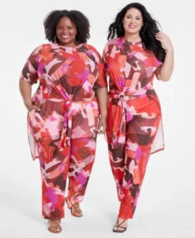 Nina Parker Trendy Plus Size Printed Knot Front Tunic Pants In Paint Clbk