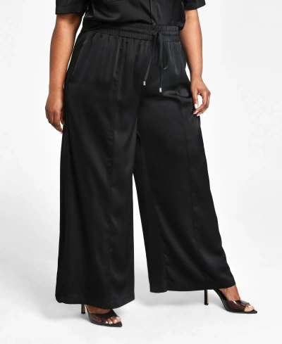 Nina Parker Trendy Plus Size Printed Satin Wide-leg Pants In Black Beauty