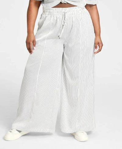 Nina Parker Trendy Plus Size Printed Satin Wide-leg Pants In Indigo,white Stripe
