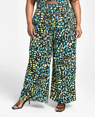 Nina Parker Trendy Plus Size Printed Satin Wide-leg Pants In Mixed Multi Leopard