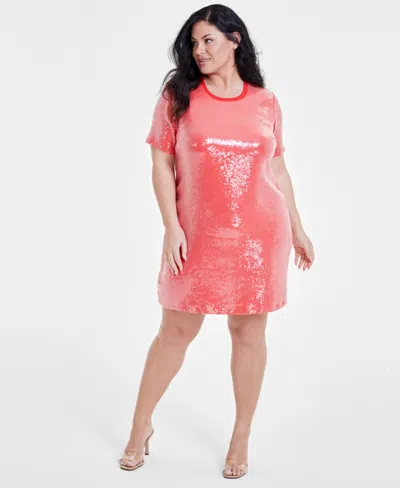 Nina Parker Trendy Plus Size Printed Short-sleeve Sequin Dress In Flame Scrt