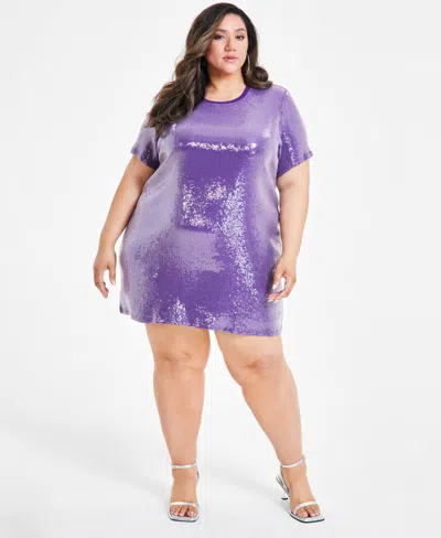 Nina Parker Trendy Plus Size Printed Short-sleeve Sequin Dress In Imp Purple