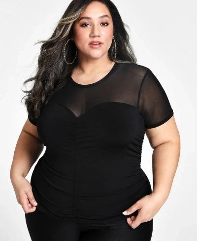 Nina Parker Trendy Plus Size Ruched Knit Top In Black Beauty