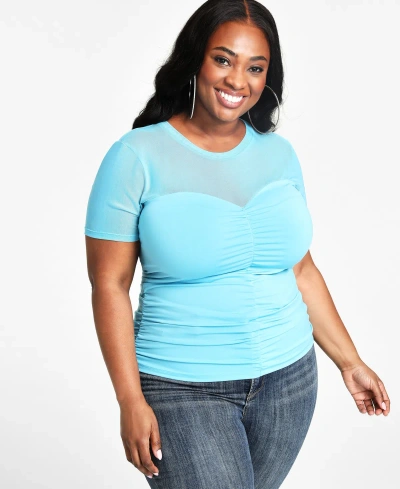 Nina Parker Trendy Plus Size Ruched Knit Top In Turquoise Pool