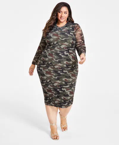 Nina Parker Trendy Plus Size Scoop-neck Long-sleeve Mesh Dress In Camo