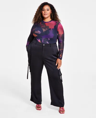 Nina Parker Trendy Plus Size Sheer Mesh Top In Blurred Fl