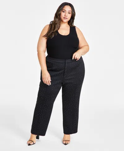 Nina Parker Trendy Plus Size Studded Scuba Straight-leg Pants In Black Beauty