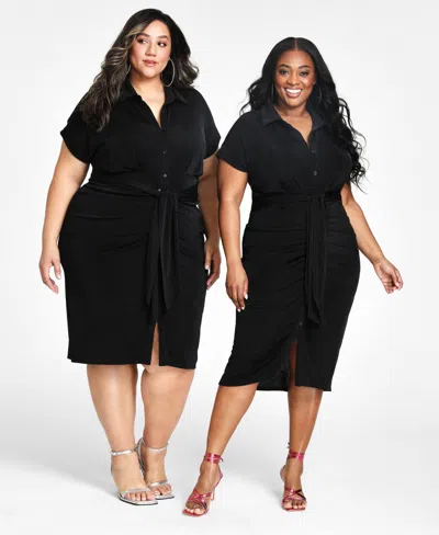 Nina Parker Trendy Plus Size Tie-front Ruched Shirtdress In Black Beauty