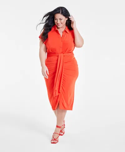 Nina Parker Trendy Plus Size Tie-front Ruched Shirtdress In Flame Scar