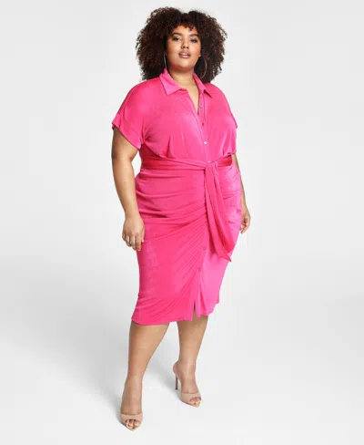 Nina Parker Trendy Plus Size Tie-front Ruched Shirtdress In Golden Pal