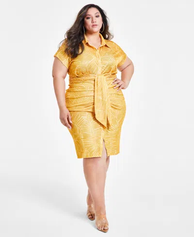 Nina Parker Trendy Plus Size Tie-front Ruched Shirtdress In Golden Palm