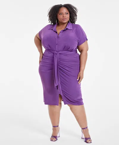 Nina Parker Trendy Plus Size Tie-front Ruched Shirtdress In Imperial Purple