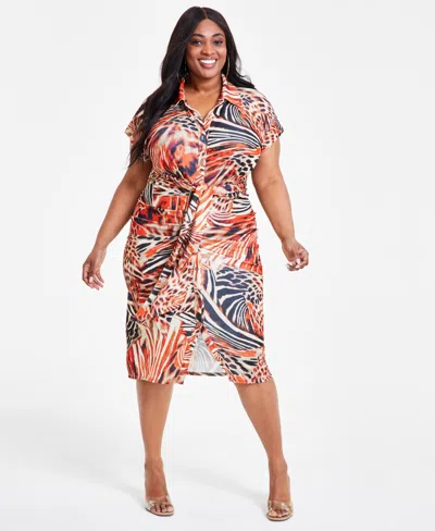 Nina Parker Trendy Plus Size Tie-front Ruched Shirtdress In Multi Comb