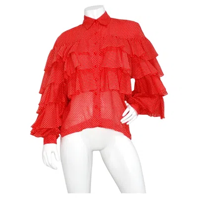 Pre-owned Nina Ricci 1970s  Orange-red Polka Dot Tiered Ruffle Blouse