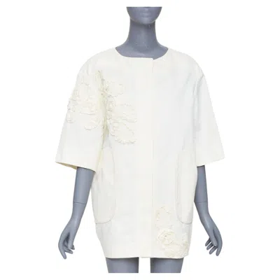 Pre-owned Nina Ricci 2012 Ivory White Floral Rose Applique Half Sleeve Hidden Button Coat
