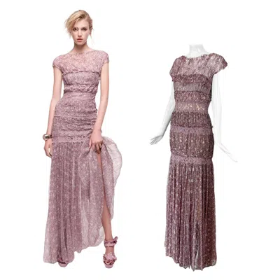 Pre-owned Nina Ricci 2013 Vintage Silk Mauve Ethereal Gown Maxi Dress Floral In Brown