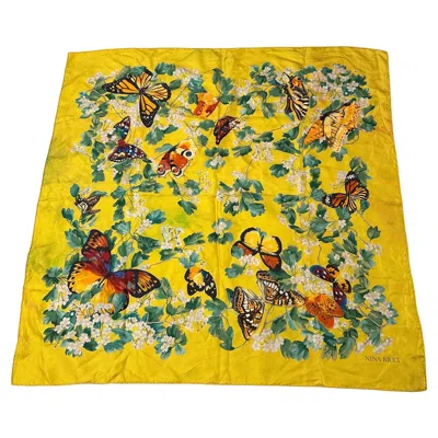 Pre-owned Nina Ricci A 1990s Butterflies And Flowers Silk Scarf By  In Yellow