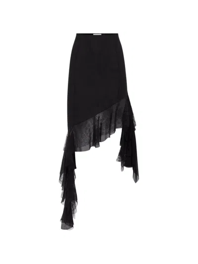 Nina Ricci Asymmetric Lace-trim Midi Skirt In Black