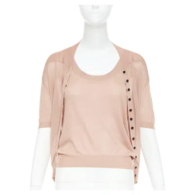 Pre-owned Nina Ricci Beige Pink 100% Silk Black Button Scoop Neck Cardigan Vest Set S