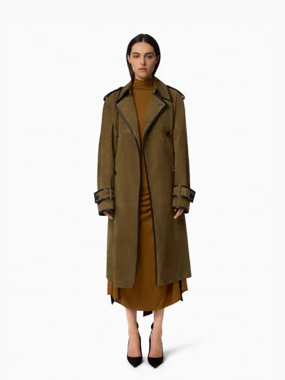 Nina Ricci Belted Suede Leather Trench In Green