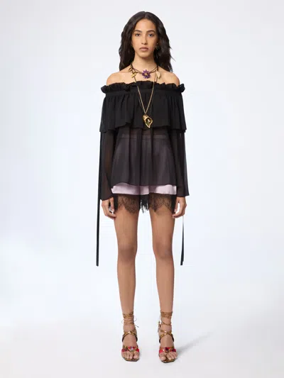 Nina Ricci Black Boat Neck Silk Top With Bow Details In Blue