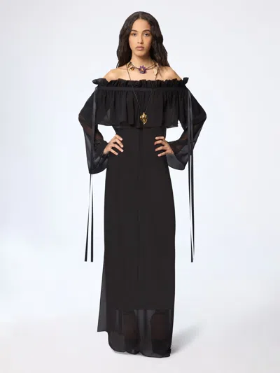 Nina Ricci Black Long Silk Dress With Bow Details
