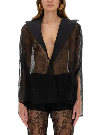 Nina Ricci Sheer Lace Deep V-neck Long Sleeve Top In Black