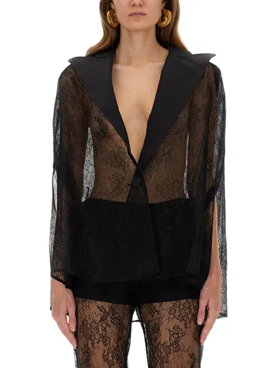 Nina Ricci Sheer Lace Deep V-neck Long Sleeve Top In Black
