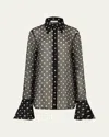 Nina Ricci Chiffon Polka Dot Bell Cuff Blouse In I9072 Polka Dots Black And Cream