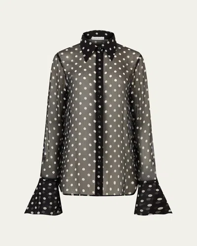 Nina Ricci Chiffon Polka Dot Bell Cuff Blouse In I9072 Polka Dots Black And Cream