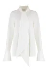Nina Ricci Draped Front Cotton Shirt With Pussy-bow Collar In Blue