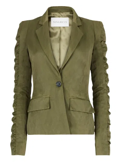 Nina Ricci Crinkled Ruffled-sleeves Blazer In Green