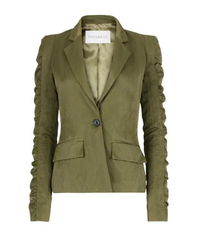 Nina Ricci Crinkled Ruffled-sleeves Blazer In Green