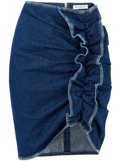 Nina Ricci Draped Denim Skirt In Blue