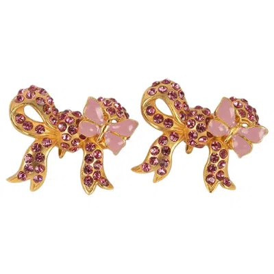 Pre-owned Nina Ricci Earrings Featuring A Golden Metal Bow Paved With Pink Rhinestones