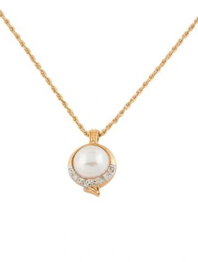 Pre-owned Nina Ricci Faux Pearl & Crystal Pendant Necklace, 15" In White