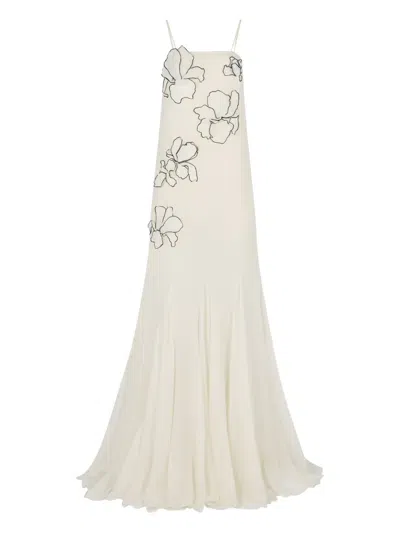 Nina Ricci Flower-appliqués Silk Maxi Dress In Neutral