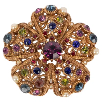 Pre-owned Nina Ricci Flower Brooch With Colored Rhinestones And Pearls In Multi