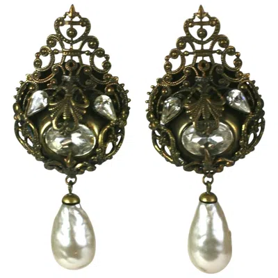 Pre-owned Nina Ricci French Haute Couture Pearl And Crystal Long Earclips In Black