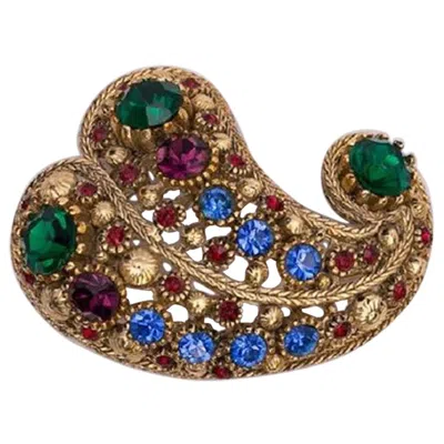 Pre-owned Nina Ricci Gilted Metal Brooch With Rhinestones In Multi
