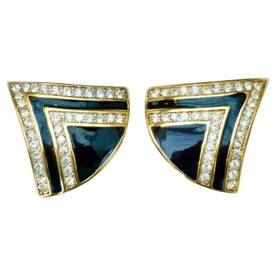 Pre-owned Nina Ricci Gold Plated Black Enamel Rhinestone Statement Earrings Circa 1980s