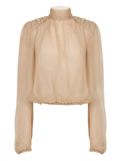 Nina Ricci High-neck Puffed-sleeve Top In Brown
