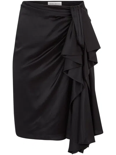 Nina Ricci Asymmetric Bow Draped High-ruffled Satin Silk In Black