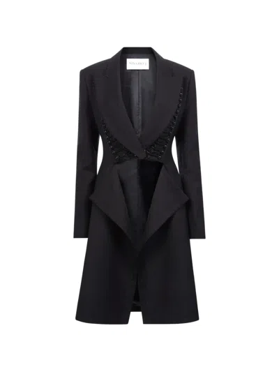 Nina Ricci Jacquard Frogging-detail Coat In Black