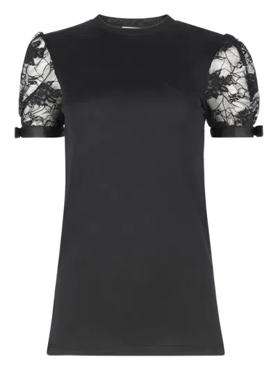 Nina Ricci Round Neck Short Sleeve Top Bows Lace In Black