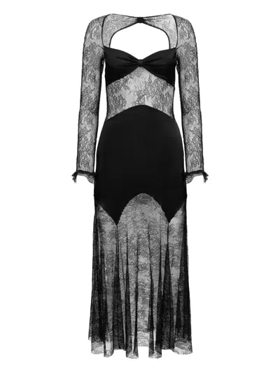 Nina Ricci Open Neck And Long Sleeves In Lace And Satin Long Dress In Black