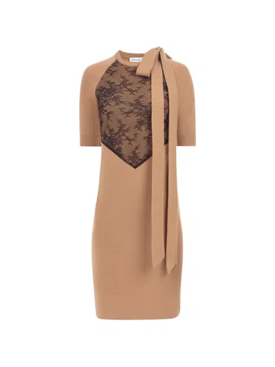 Nina Ricci Lace-panelled Bow-detail Midi Dress In Nude