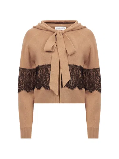 Nina Ricci Lace-trim Pussy-bow Hoodie In Nude