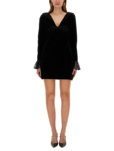 Nina Ricci Cotton Mini Dress With Bow And Ruffled Cuffs In Black